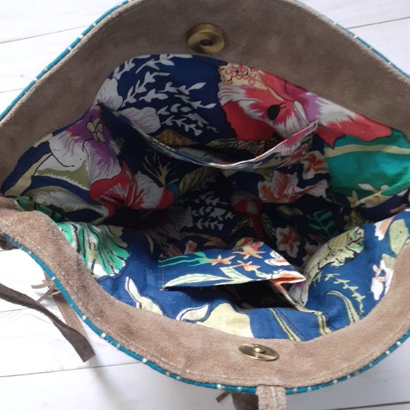 Noonday Collection Kantha Foldover Crossbody Bag Suede Leather Cotton BrownBlue - Picture 15 of 16